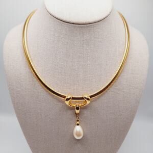 MONET Vintage Gold Omega Chain Necklace Faux Pearl Pendant 19” Signed